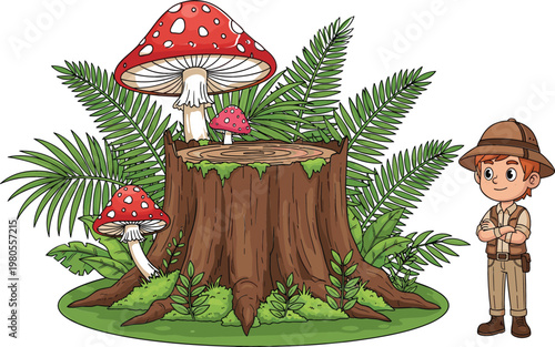 Forest tree stump with red mushrooms fern plants and explorer ranger boy cartoon vector illustration for woodland nature adventure design