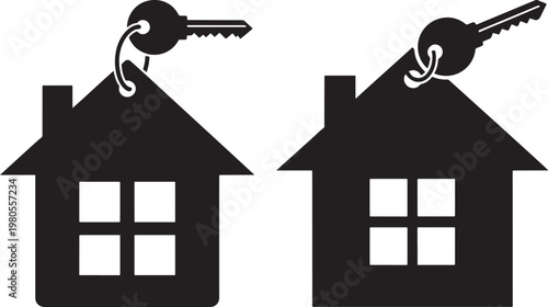 Black silhouette house icons with keys attached representing home ownership real estate property concepts on white background estate agent simple drawing ownership property silhouette mortgage