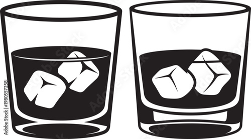 Two black and white line art glasses with liquid and ice cubes depicting alcoholic or non-alcoholic beverages on white background beverage refreshment restaurant celebration cocktail mocktail