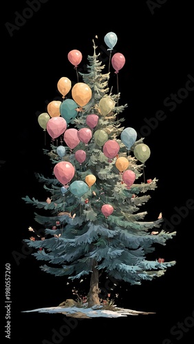 Pine Tree With Pastel Balloons