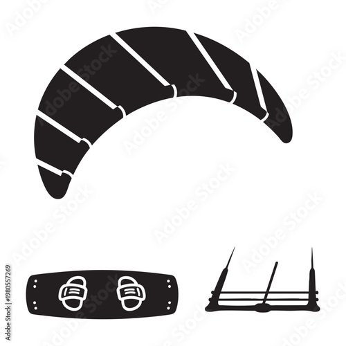 Kitesurfing gear icons with wing board and control bar