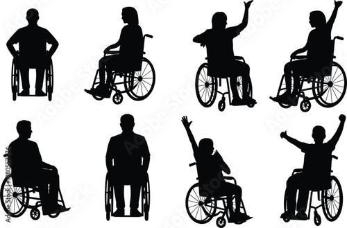 Wheelchair user silhouette collection illustration, disabled people poses set for accessibility and healthcare design