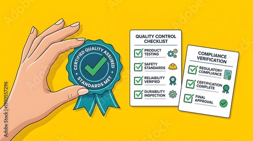 Hand holding quality assurance badge with checklists for control compliance standards and inspection process, certification management business reliability, performance verification