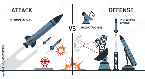 Missile Defense System Infographic with Radar Tracking and Interceptor Launch