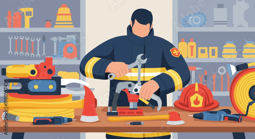 Firefighter maintaining rescue equipment in a workshop illustration