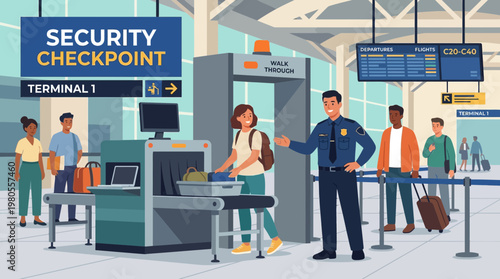 Airport Security Checkpoint with Passengers and Officer Illustration