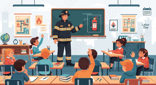 Firefighter Teaching Fire Safety to Elementary School Children