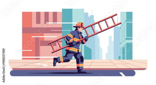 Firefighter Running with Ladder in Urban City Vector Illustration