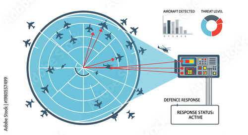 Military Radar Screen Infographic with Aircraft Tracking and Defense Response System