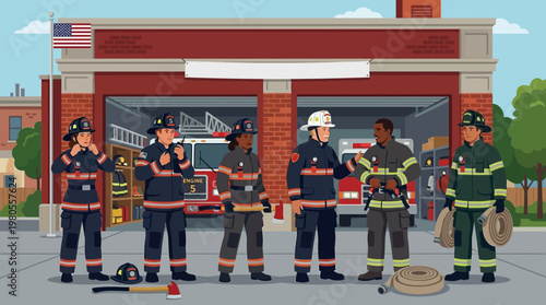 Diverse Team of Firefighters Standing in Front of a Fire Station