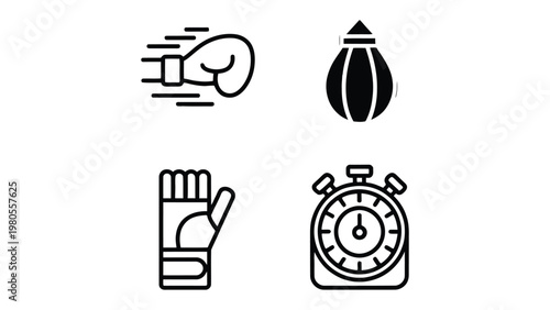 Boxing Essentials: A concise set of illustrated icons depicts the core elements of the sport – gloves, a punching bag, protective hand wraps, and a stopwatch, symbolizing preparation, training.