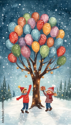 Winter Children Balloon Tree Illustration