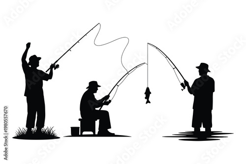 Fishing, silhouette, vector icons, black, men, fishing rods, outdoor recreation