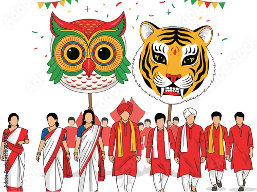 A vibrant Indian cultural procession featuring people in traditional attire carrying large owl and tiger head cutouts under festive banners.