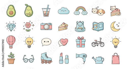 Collection of various cute cartoon objects.