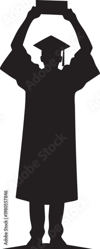 Silhouette of a graduate holding up a diploma with black and white graduate graduation education