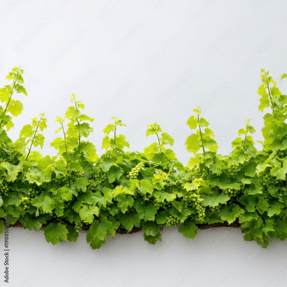 Obraz premium Lush green vine leaves with grapes against a neutral background