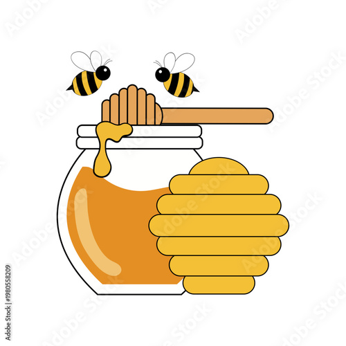 Honey Jar with Bees and Honeycomb
