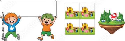 Happy children holding blank banner with farm scene puzzle and floating island landscape cartoon vector illustration collection