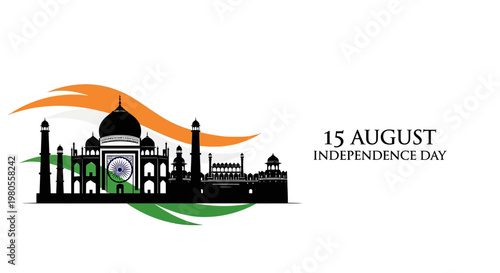 Indian Independence Day illustration featuring Taj Mahal silhouette and tricolor flag design.