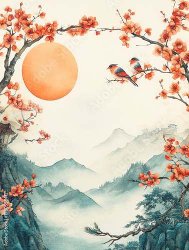 Soft sunrise orange sun cherry blossom mountain landscape misty valley traditional painting two bird tranquil Asian art nature scene soft sunrise orange sun cherry blossom mountain landscape misty