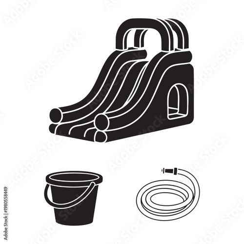 Backyard fun icons with water slide bucket and hose set