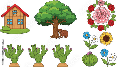 House tree with bear floral wreath cactus plants and decorative flowers cartoon vector illustration collection for nature and garden design