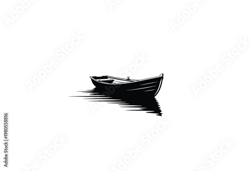 A minimalist depiction of a small rowboat floating on water black silhouette