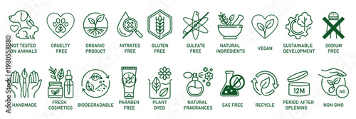 Eco Friendly Green Label Badge Vector Set, Vegan, Organic, Cruelty Free, Recycled, Natural, Non GMO, Biodegradable Outline Icons, eco icons, green label, vegan badge, organic icons, natural product