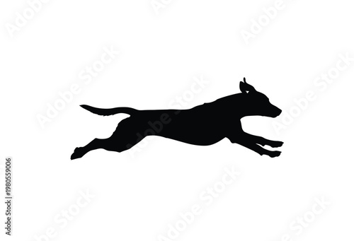 A dynamic black silhouette of a dog in full stride appearing to leap forward silhouette