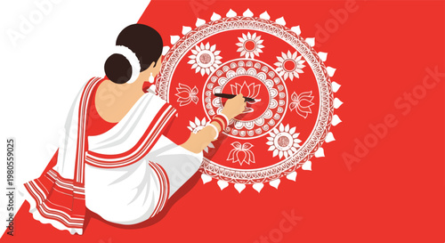 An illustration of an Indian woman in traditional attire drawing a beautiful white circular folk art pattern with floral motifs on a vibrant red background, representing cultural heritage.