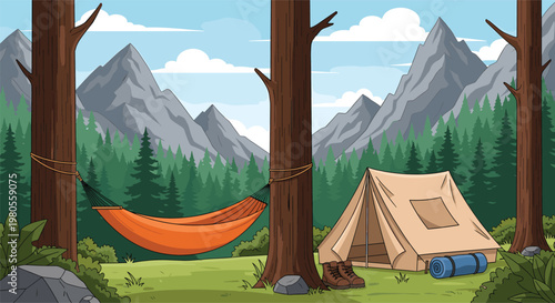 Camping site in a forest with a tent, hammock tied between two trees, and mountains in the background, peaceful outdoor nature scene for summer vacation and leisure time.