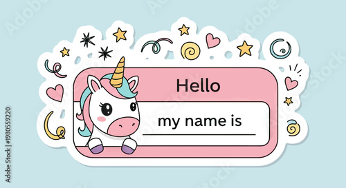 Cute Kawaii Unicorn Name Tag Sticker Template, Hello My Name Is Badge Illustration