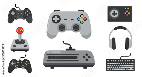Vector set of gaming equipment and video game controllers including gamepads, joystick, headphones and keyboard isolated on white background.