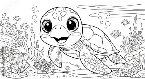 Cute Baby Sea Turtle Swimming in Coral Reef Coloring Page for Kids, Underwater Scene Vector Line Art Illustration