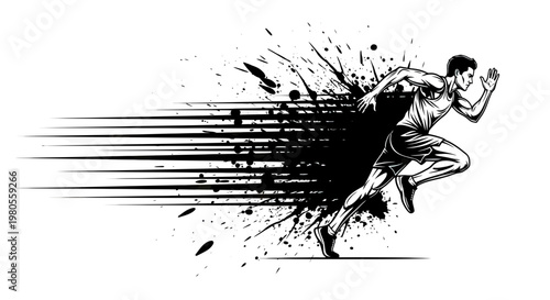Dynamic sprinter illustration with ink splatter and motion speed lines, professional athlete running fast