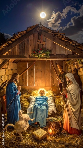 A nighttime scene inside a humble wooden shelter. The infant is the focal point, bathed in soft light amidst hay. Figures observe