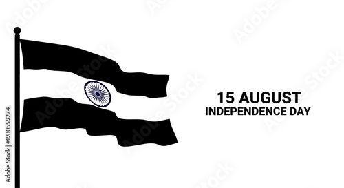 Silhouette of Indian national flag on flagpole for Independence Day.