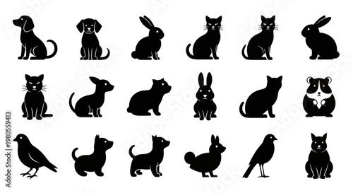 Vector Collection of Domestic Pet Silhouettes Including Dogs, Cats, Rabbits, Birds, and Hamsters Isolated on White Background