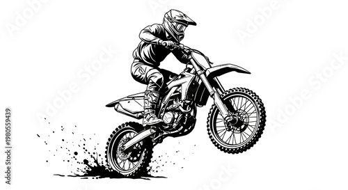 Motocross rider jumping on a dirt bike with dynamic mud splash, black and white vector illustration for extreme sports