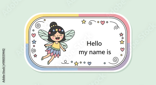 Cute Cartoon Fairy Name Tag Template for Kids with Hello My Name Is Text