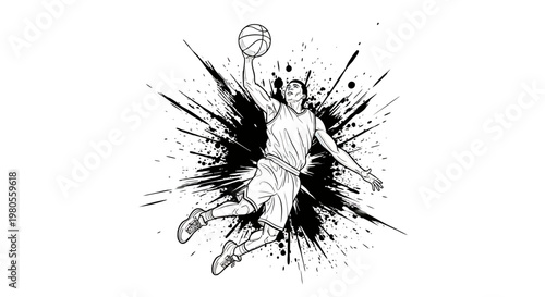 Professional Basketball Player Performing a High Jump Slam Dunk with Explosive Ink Splatter Effect, Dynamic Sports Action Vector Illustration