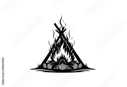 A striking black and white illustration of a campfire with a distinct silhouette