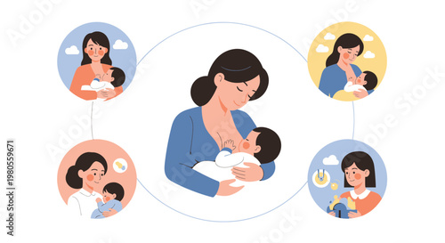Vector illustration of a mother breastfeeding her newborn baby with icons representing different nursing situations and breast milk pumping