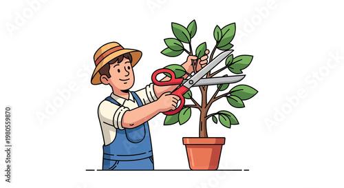 Young Male Gardener Trimming and Pruning a Potted Plant with Shears Illustration