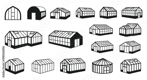 Greenhouse Icons Set: Various Designs for Gardening and Agriculture