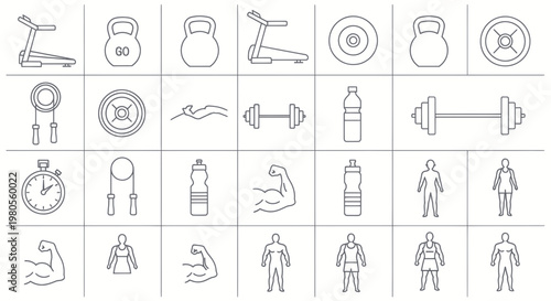 Fitness and Gym Icons Set: Treadmill, Dumbbell, Kettlebell, Barbell, Water Bottle