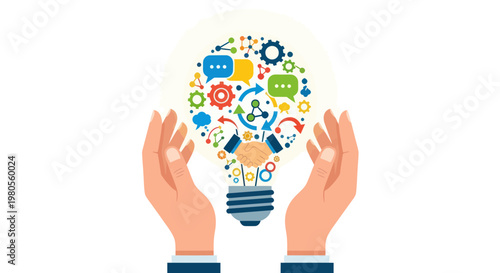 Hands Holding Light Bulb Full of Ideas, Innovation, Creativity, Teamwork, Communication