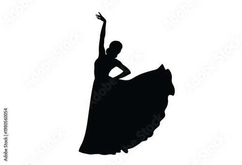 A graceful flamenco dancer captured in a dramatic full body black silhouette