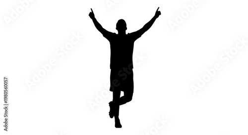 Silhouette of a joyful man celebrating victory with arms raised, isolated on white background